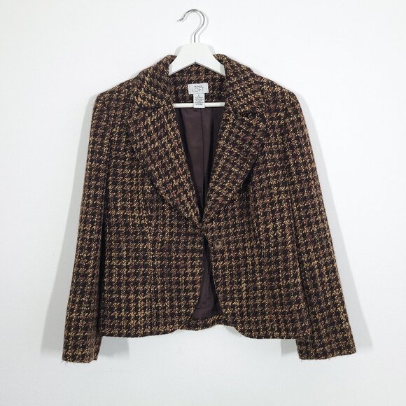 LOFT Brown Houndstooth Cropped Wool Blend Blazer Jacket - Picture 1 of 7
